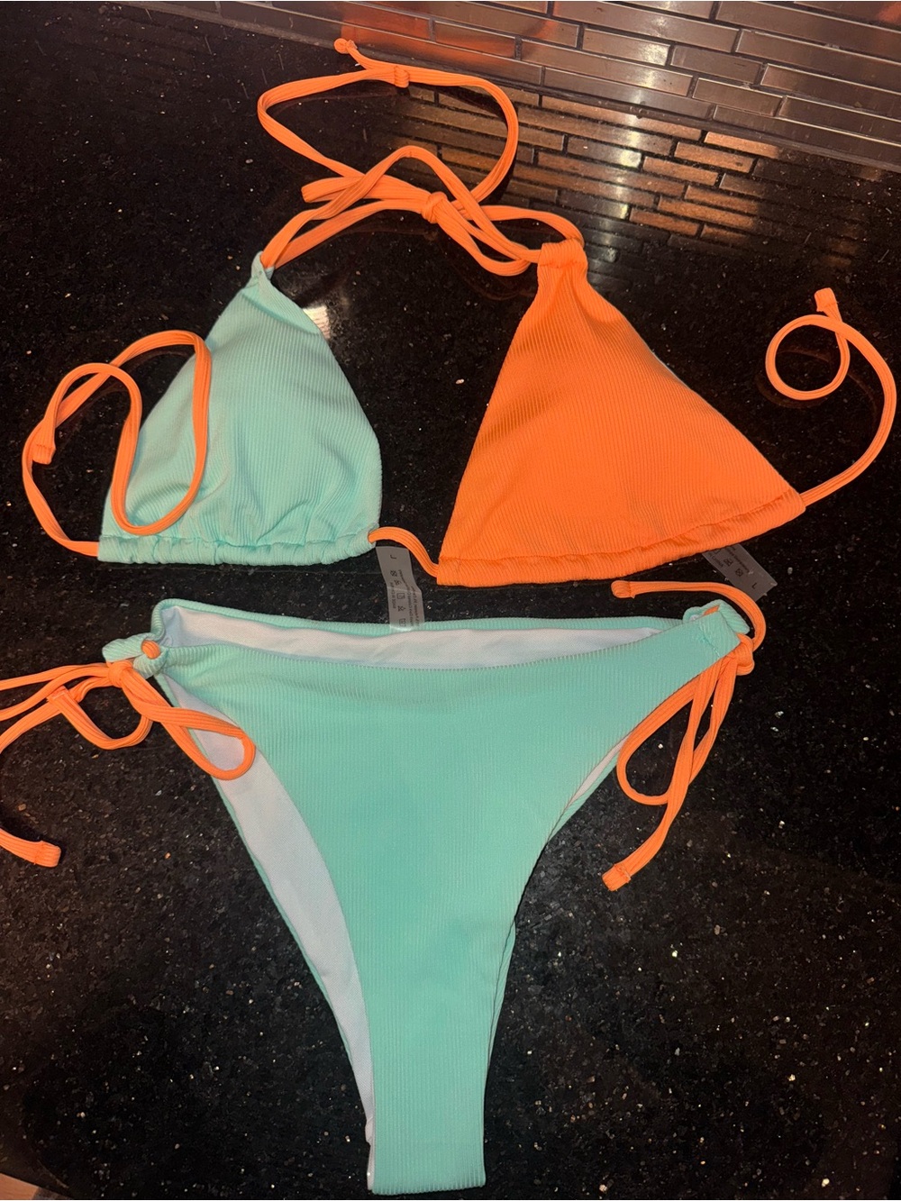 Two-Tone Triangle Ribbed Bikini Set - Mint & Neon Orange